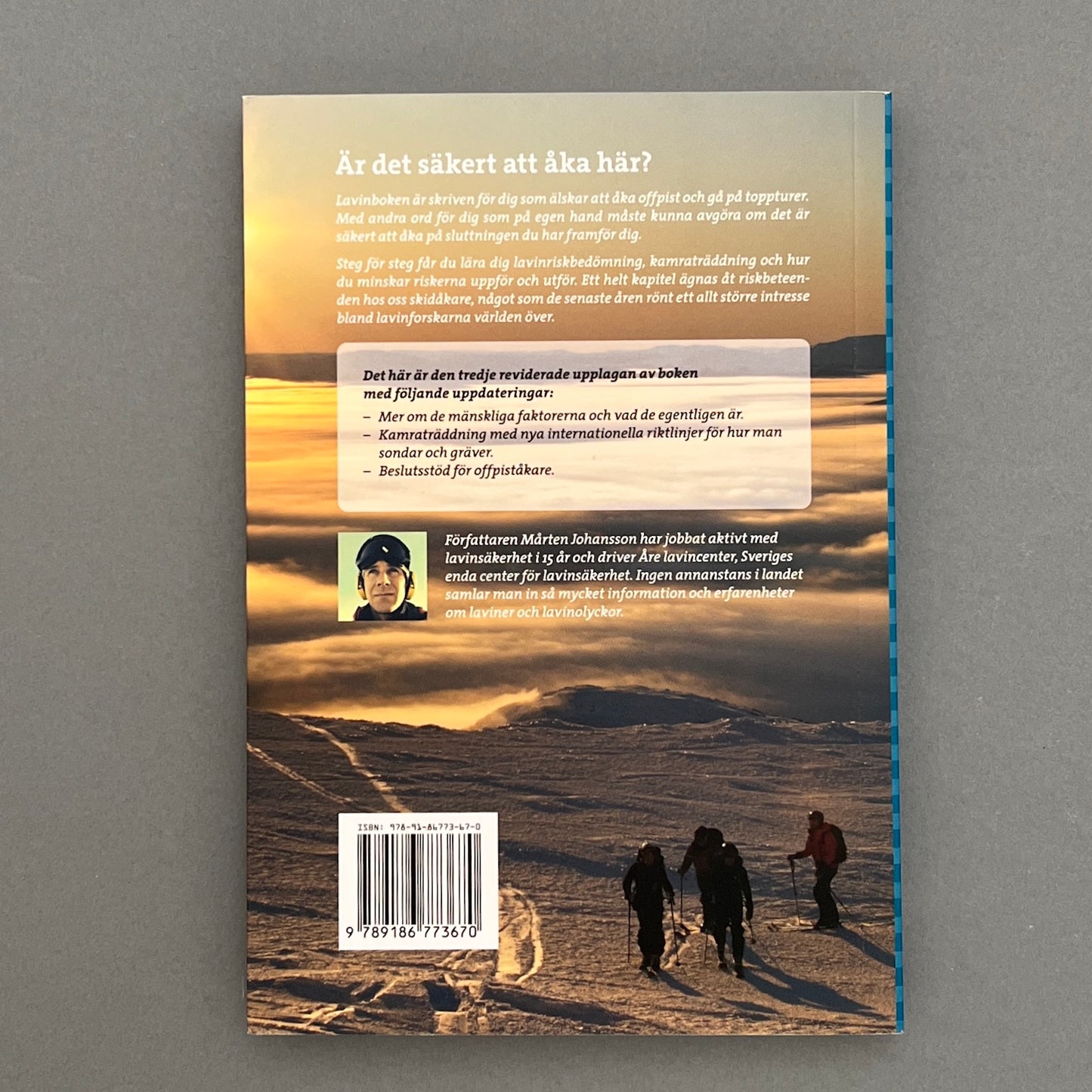 The backside of a book with a picture of people skiing and a summary of the book.