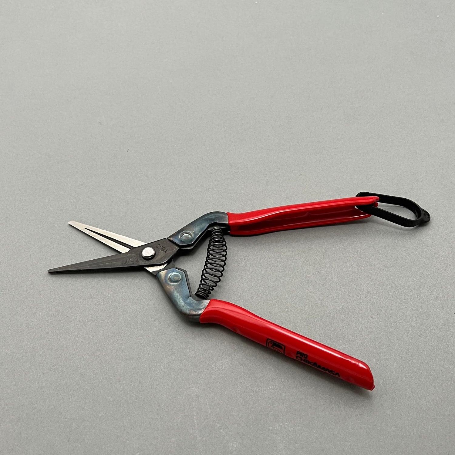 A pair of Chikamasa T-55C pruning shears with a red handle in open position laying on a gray background