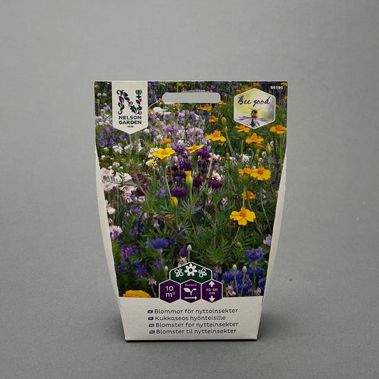 A bag of flower mix for beneficial insects with a flower motive as the cover picture from Nelson garden sitting on a gray background