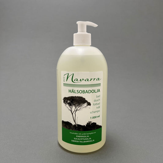 A 1000ml white soap dispenser containing Navarra health bath oil, standing on a gray background