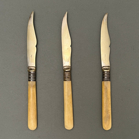 Vintage fruit knives in silver and bone laying on a gray surface