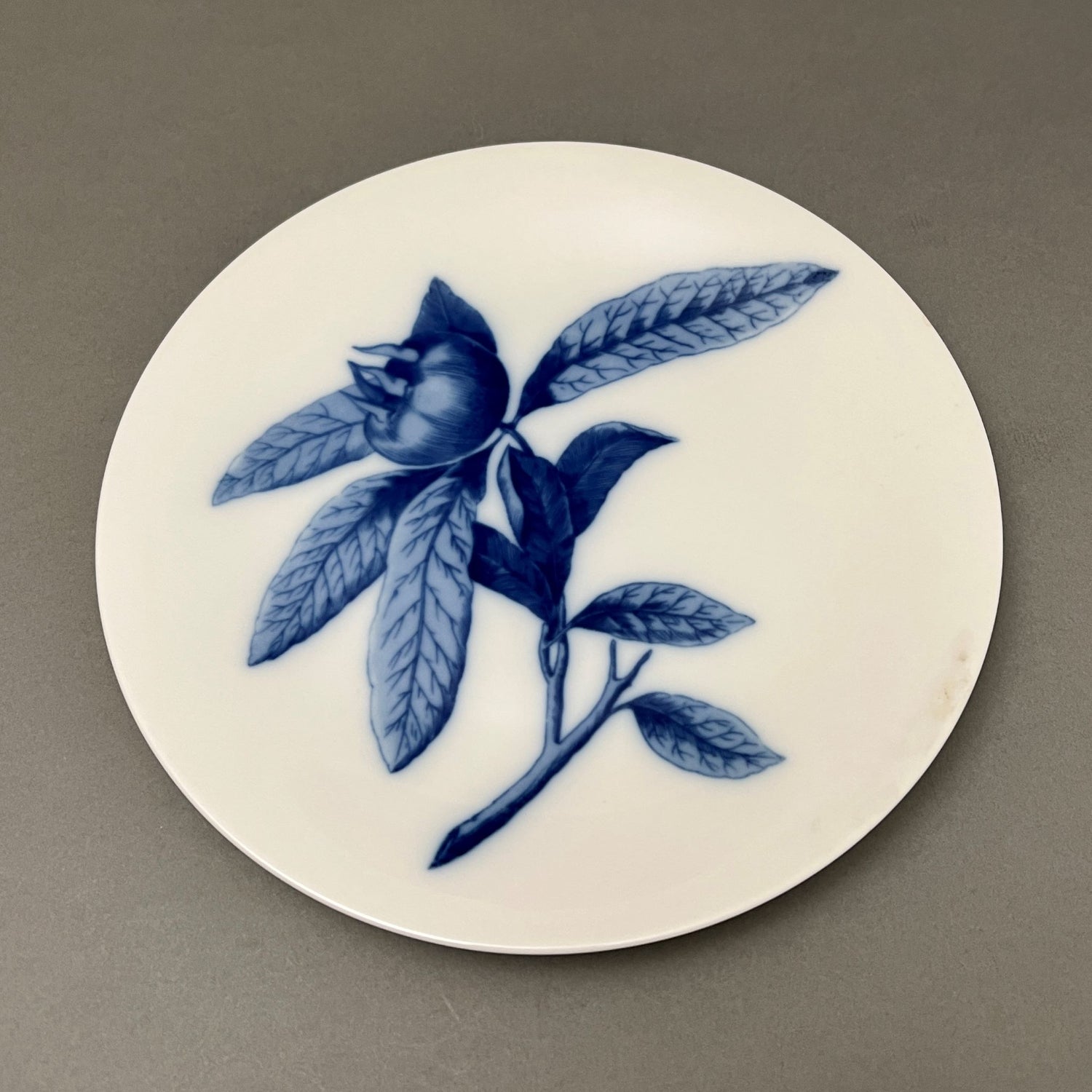 White plate with blue fruit design sitting on gray background